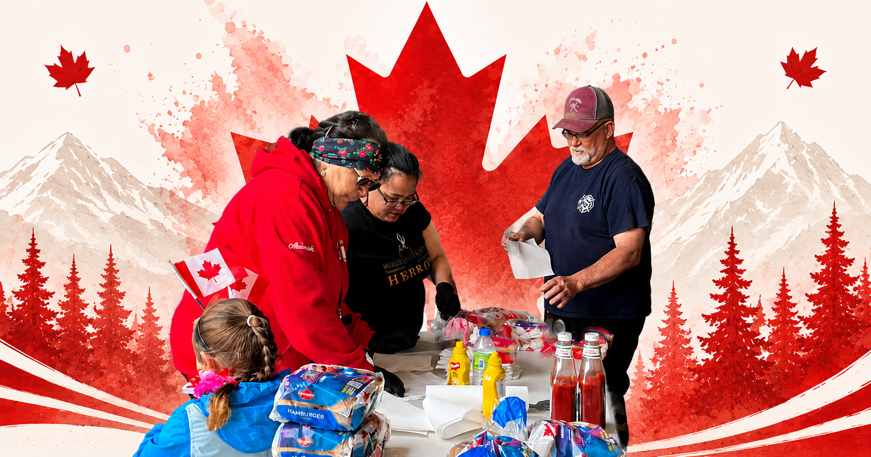 Canada Day - Volunteers gather around a table of food and supplies inside the Hopedale fire hall